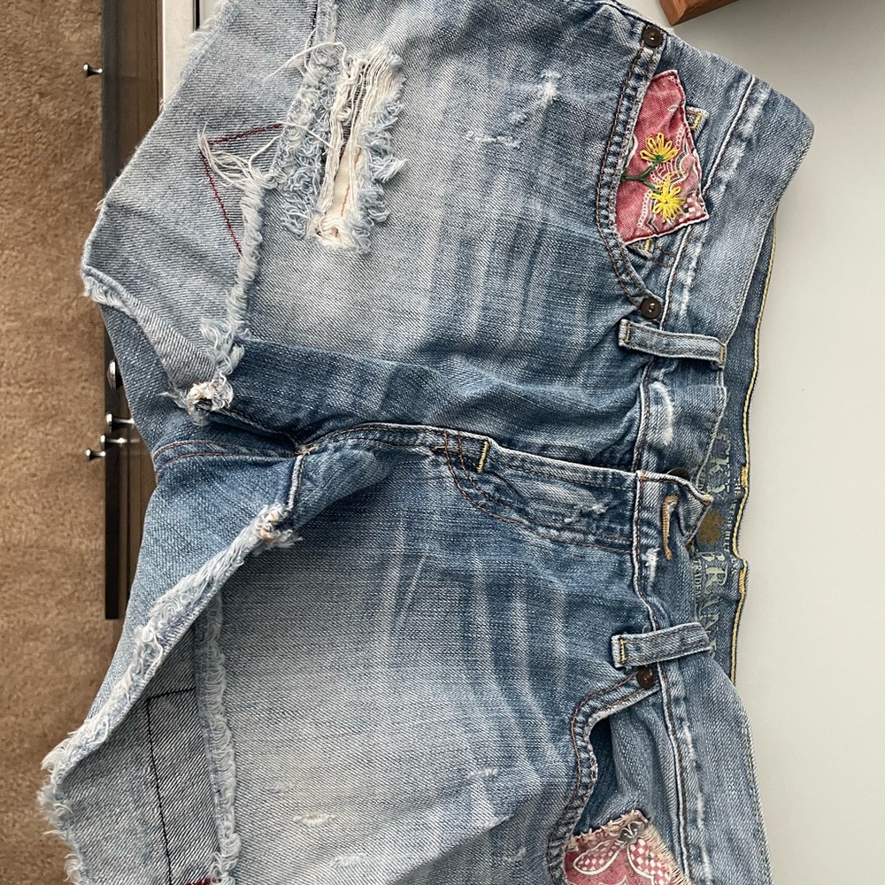 Lucky Brand Blue Distressed Jeans with Pink Floral Patches